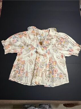 NATURAL LIFE Cream Floral Ruffle Blouse with Pink and Yellow Flowers